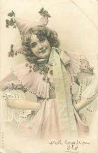 Lovely drawn young girl in party dress and hat harlequin costume c.1904 postcard