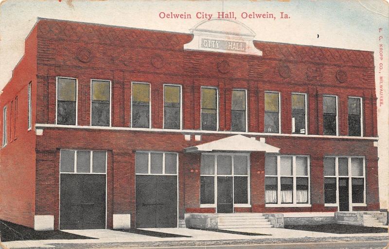 Oelwein Iowa~Closeup of City Hall Facade~Fire Department~Police Station c1910 