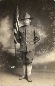 US Army Solider Uniform American Flag Louisville KY Studio Real Photo Postcard