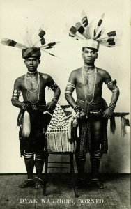 malay malaysia, BORNEO SARAWAK, 2 Armed Native DAYAK Warriors (1910s) RPPC