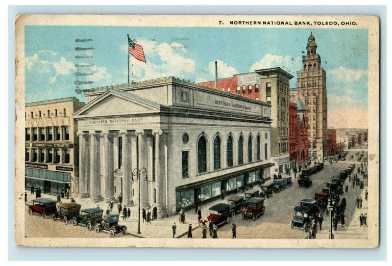 Circa 1910-20 Northern National Bank Downtown Toledo Cars Sign Early Postcard P3