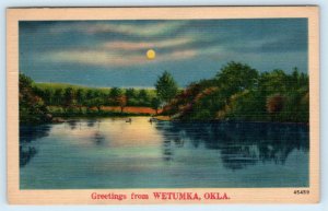 Greetings from WETUMKA, Oklahoma OK ~ Moonlit Scene HUGHES COUNTY Linen Postcard