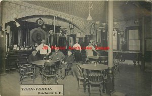 NH, Manchester, New Hampshire, RPPC, Turn-Verein Saloon Bar, Pool Table