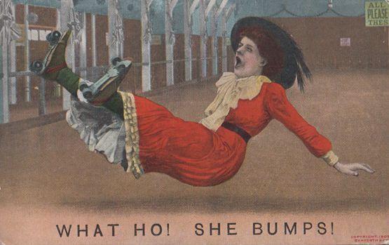 What Ho She Bumps Lady Falling Roller Skating Rink Antique Comic Humour Postcard Hippostcard