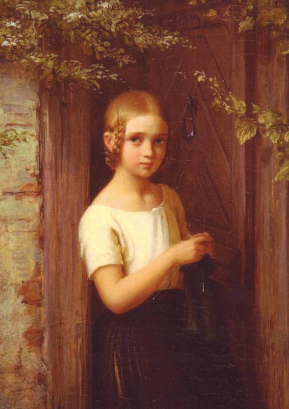 Pretty Little Girl knits sew near the door by Johann Meyer NEW Modern Postcard