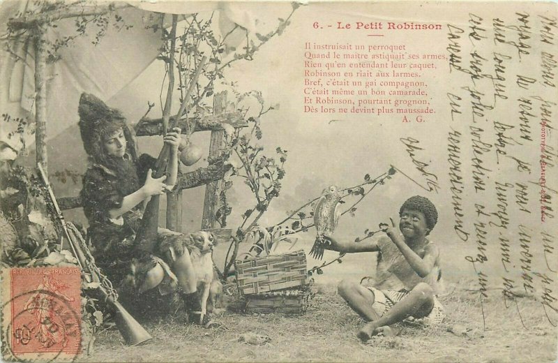 Children  Le Petit Robinson  series early postcard rifle dog costume parrot