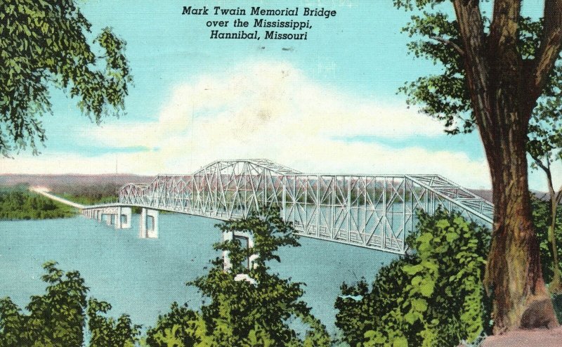 Vintage Postcard 1948 Mark Twain Memorial Bridge Over Mississippi Hannibal MO