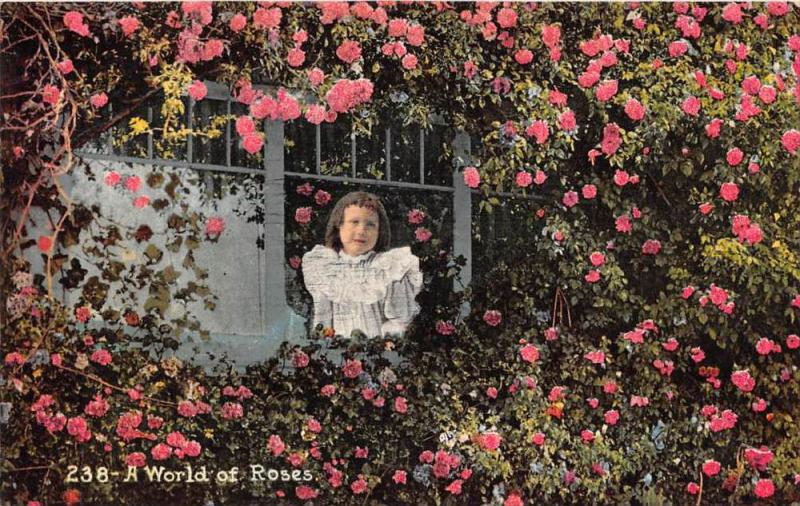 Child looking out window surrounded by wall of roses