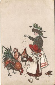  Girls feeding the chickens  Old vintage French, artist drawn, postcard