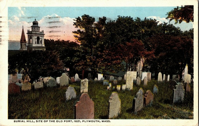 Burial Hill, Site of Old Fort, Plymouth MA c1921 Vintage Postcard A76