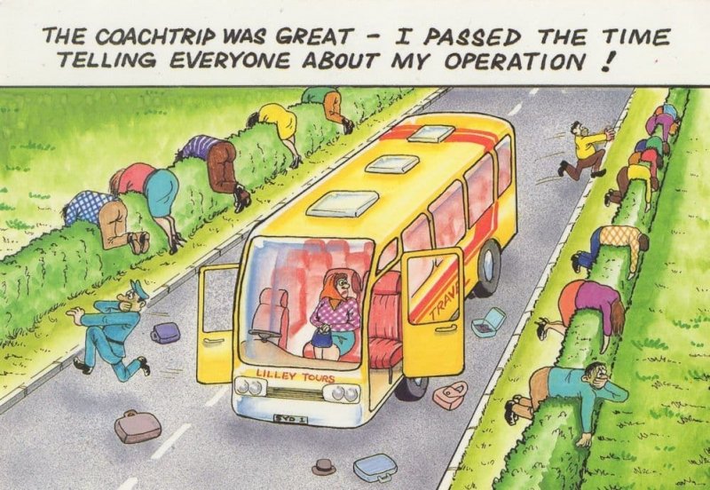 Travel Sickness On Bus Coach Multiple Vomit Comic Postcard Topics