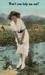 Vintage Postcard Lady In White Dress In The Farm Field Near The Lake Won't You