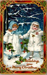 Christmas Children Snowy Night Scene Faux Stain Glass Frame Postcard Z1