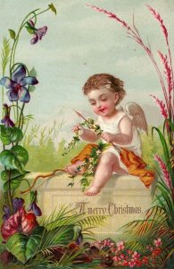 Lovely A Merry Christmas Cherub Angel w/Wings Arrow Violets Flowers Embossed P49