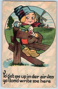 Witt Signed Artist Postcard Dutch Boy Sat On Fence Windmill Yankton SD 1918