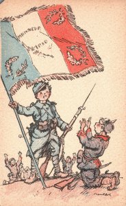 Vintage Postcard Illustration Of Young Soldiers Freedom Flagship Victory Poulbot