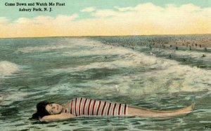 c1910 Girl Floating in Ocean Asbury Park New Jersey NJ Antique Postcard 