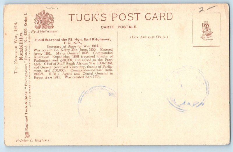 Ireland Postcard Field Marshal RT Hon. Earl Kitchener PCKP 1914 Tuck Art WW1