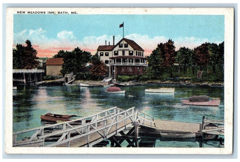 1925 New Meadows Inn & Restaurant Truss Bridge Boats Harbor Bath Maine Postcard