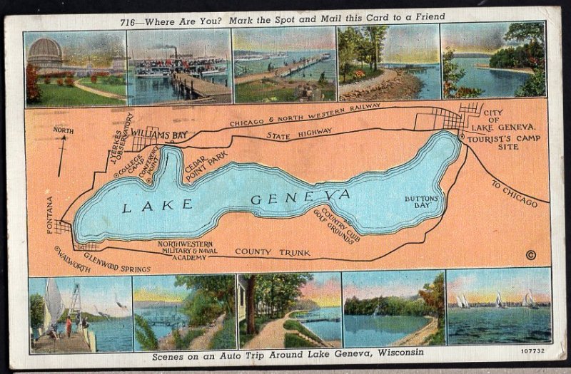 Wisconsin Map MultiView - Scenes on an Auto Trip Around Lake Geneva pm1941 LINEN