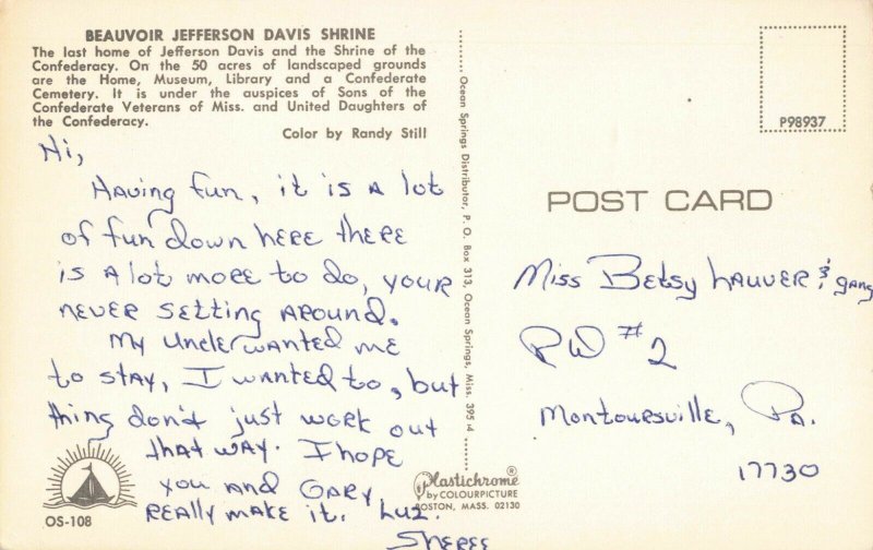Postcard Beauvoir Jefferson Davis Shrine Biloxi Mississippi