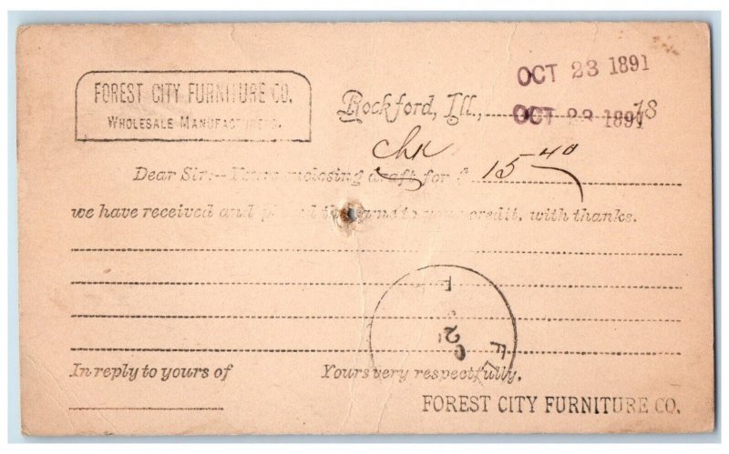 1891 Forest City Furniture Co. Wholesale Mfg. Rockford Illinois IL Postal Card