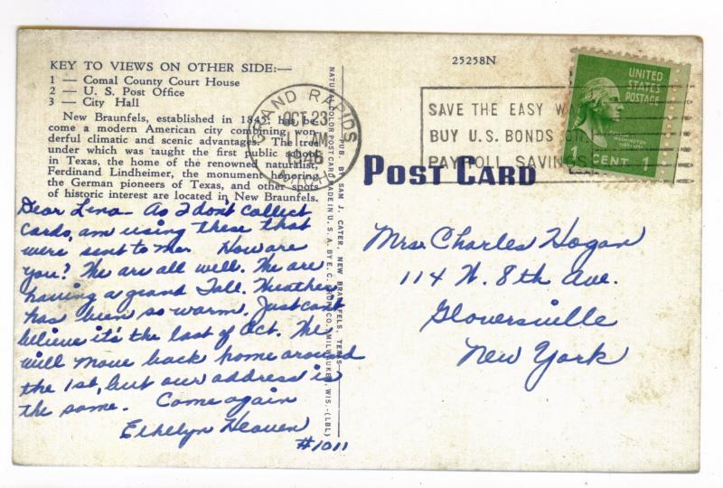 Grand Rapids, Michigan to Gloversville, New York 1946 Greetings Postcard