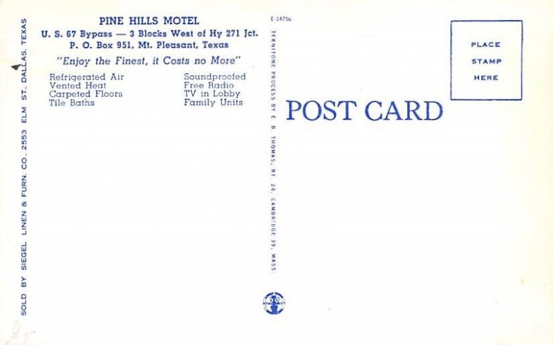 Pine Hills Motel Postcard