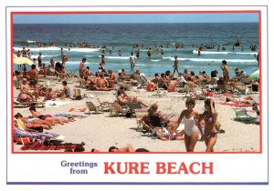 VINTAGE CONTINENTAL SIZE POSTCARD BATHING SCENE AT KURE BEACH NORTH CAROLINA