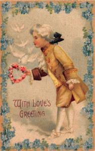 With Love's Greeting Valentine greeting young boy doves antique pc Z25765