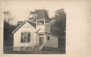 c1910 RPPC Postcard Small White Church Bell Tower Stained Glass Unknown US Loc.