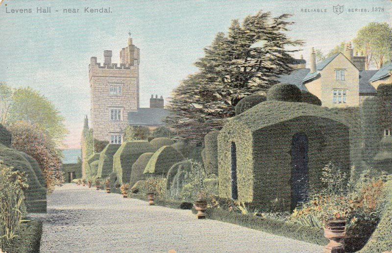 P1891 old postcard levens hall - near kendal neat designs trimed hedges england