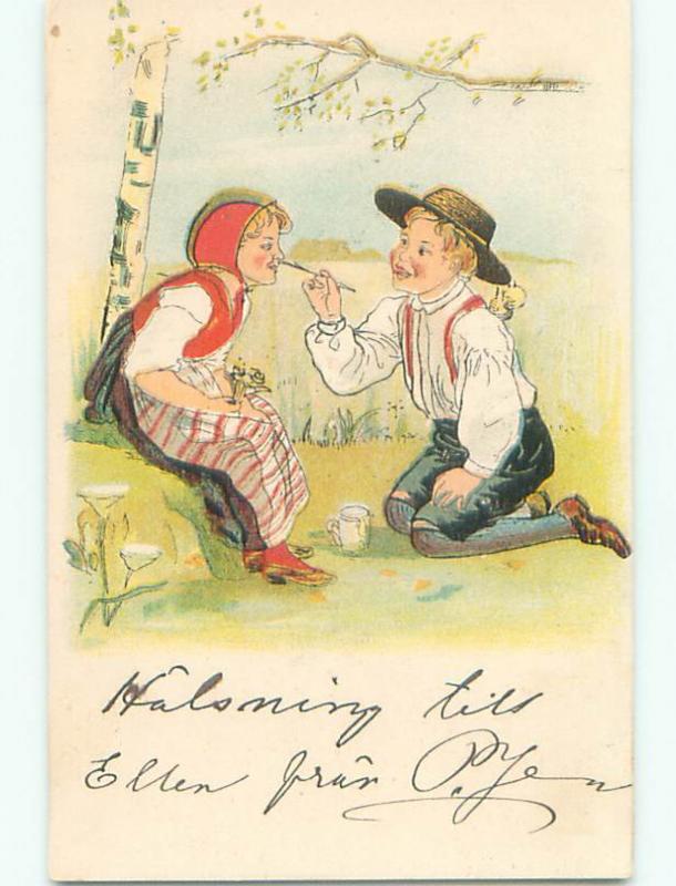 Unused Pre-1907 foreign EUROPEAN BOY TICKLES GIRL UNDER THE NOSE WITH TWIG J3667