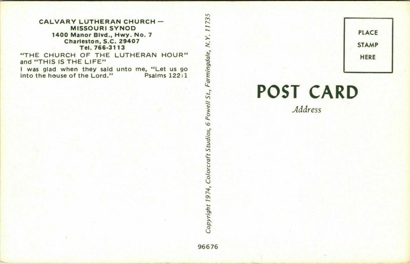 Calvary Lutheran Church Missouri Synod Charleston SC South Carolina VTG Postcard 