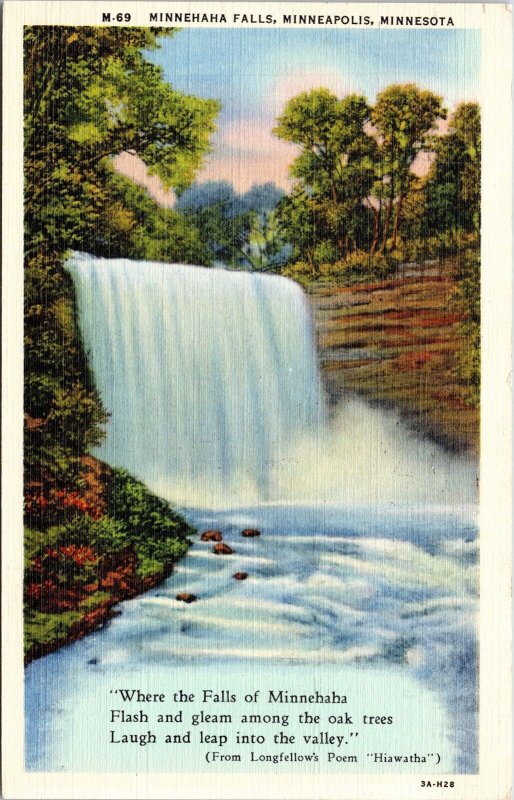 Minnehaha Falls Minneapolis Minnesota Mn Linen Waterfall Hiawatha Wob Postcard