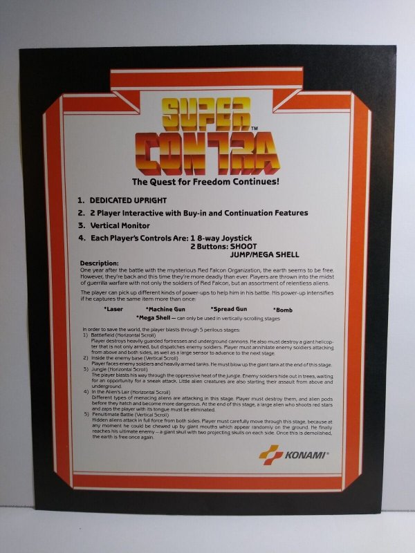 Super Contra Arcade Flyer Original 1987 Video Game Retro Artwork 8.5 x 11