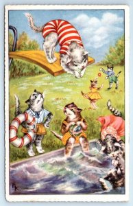 DRESSED CATS Swimming & Diving Board ~ Anthropomorphic EK Artist Signed Postcard