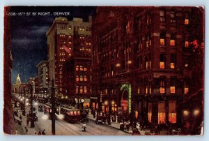 Denver Colorado Postcard 16th Street Night Aerial View Buildings Streetcars 1921