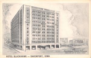 DAVENPORT IOWA  HOTEL BLACKHAWK~ARTIST RENDERING DRAWN POSTCARD 1950s