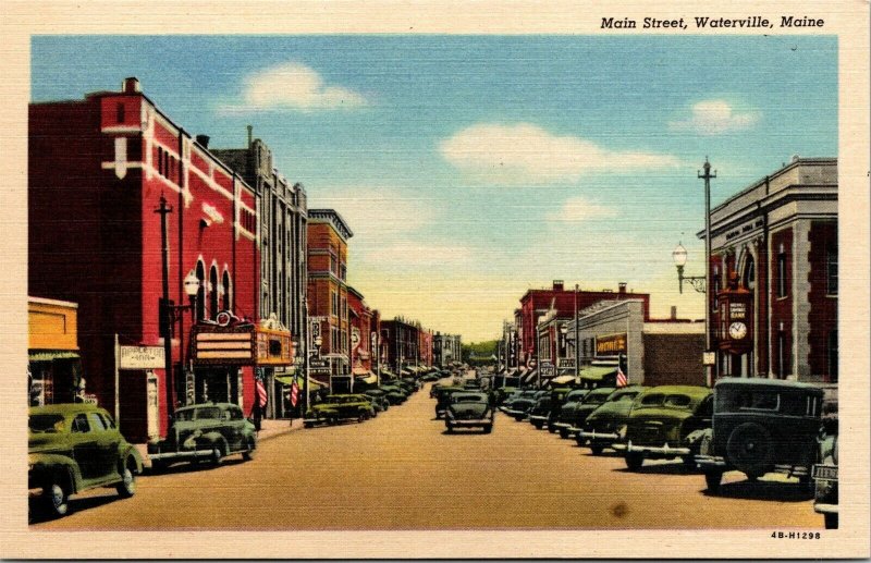 Vtg Waterville Maine ME View of Main Street Storefronts Old Cars 1940s Postcard