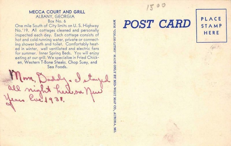MECCA COURT & GRILL Albany GA Roadside Gas Station c1930s Linen Vintage Postcard