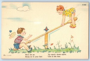 Children Postcard Playing See Saw Bird And Flowers c1930's Unposted Vintage