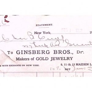 1912 NEW YORK GINSBERG BROTHERS GOLD JEWELRY MAIDEN LANE BILLHEAD INVOICE Z150