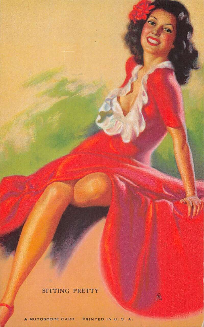 Pin Up Girl Lady In Red Dress Mutoscope Vintage Arcade Card Aa50405 Other Unsorted Postcard