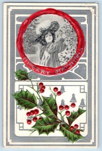 Troy Missouri MO Postcard Christmas Little Girl Holly Berries Embossed 1907