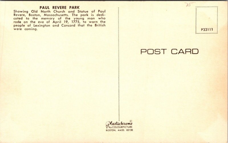 Paul Revere Park & Statue Boston Massachusetts Historic Landmark Chrome Postcard 