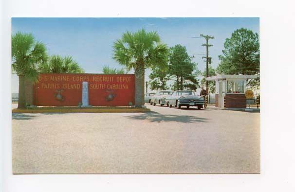 Parris Is SC Street Marine Corp Gate View Old Cars Vintage Store Fronts Postcard