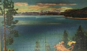 Lake Tahoe and Snow Capped Range Frasher's Postcard Tahoe Vista Postmark Linen