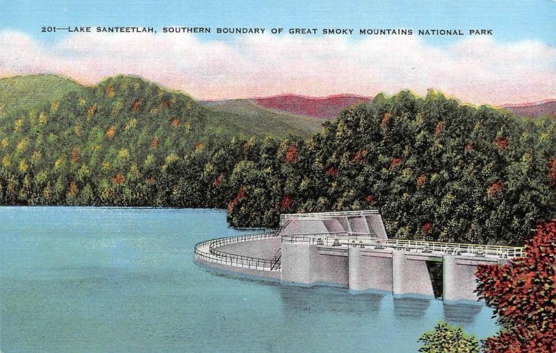 NC, North Carolina  LAKE SANTEETLAH DAM  Graham County   c1940's Linen Postcard