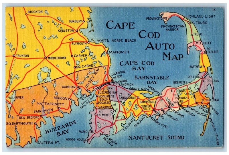 1939 Driving Distances Cape Cod Auto Map Route Provinces Hyannis MA Postcard